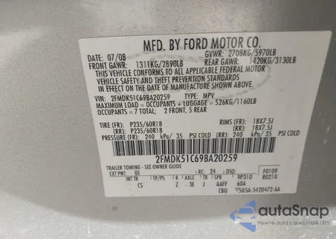 2009 Ford Flex Se from USA, damaged, VIN 2FMDK51C69BA20259